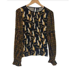 Anthropologie Bl Nk London Big Cat Blouse Women’s Sz L Ruffle Sleeve Polka Dot